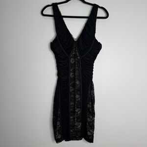 Y2K Arden B. Black Nude Ruched Lace Insert Bodycon Sleeveless Mini Dress Large